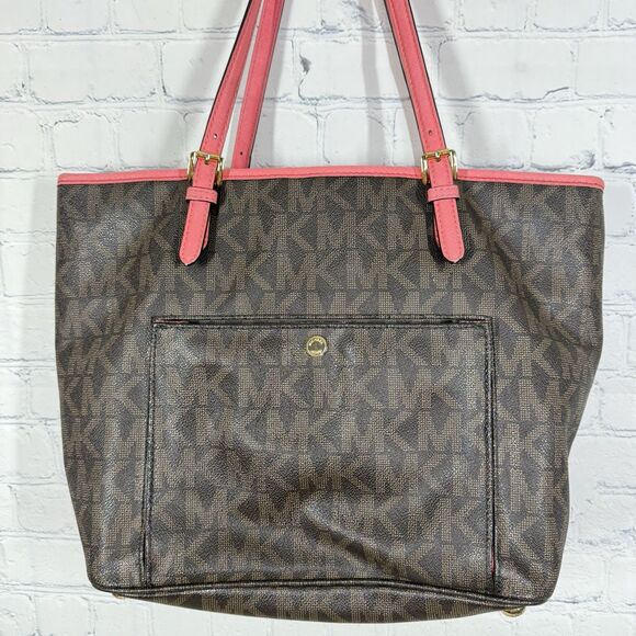 Michael Kors Tore Shoulder Bag Women Monogram MK logo Brown Pink Medium Jet Set - Picture 11 of 16